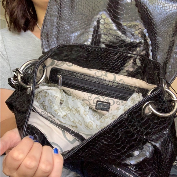 Guess Textured Black Shoulder Bag with Silver Accents - Picture 3 of 5